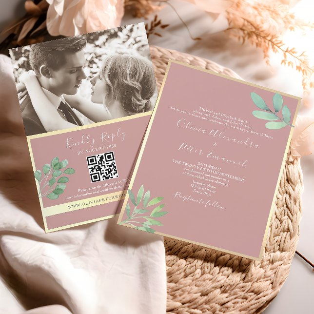 Convite Convidado de Casamento QR Dusty Rosa Greenery (Criador carregado)