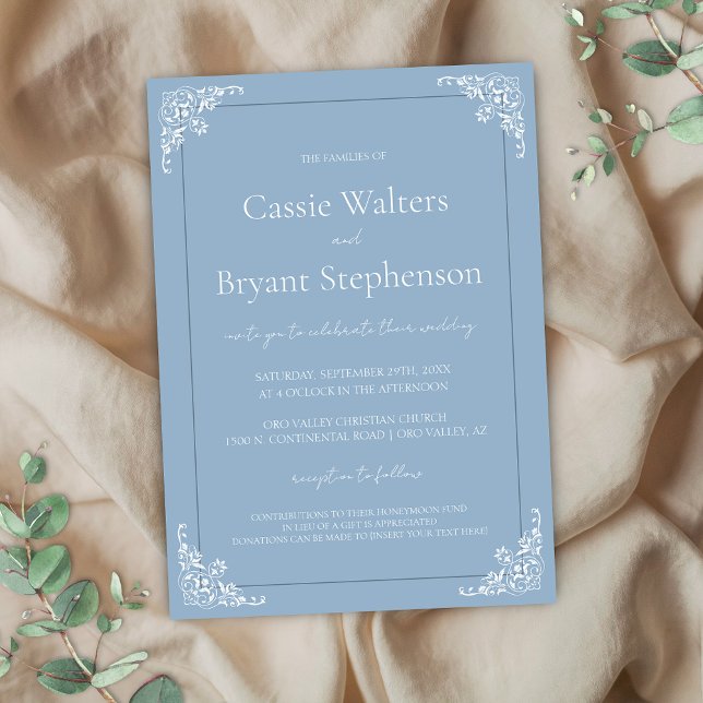 Convite Convidado de Casamento vintage Elegante Azul Dusty (Vintage old world dusty blue wedding invitations with simple white ornamental accents for coastal)