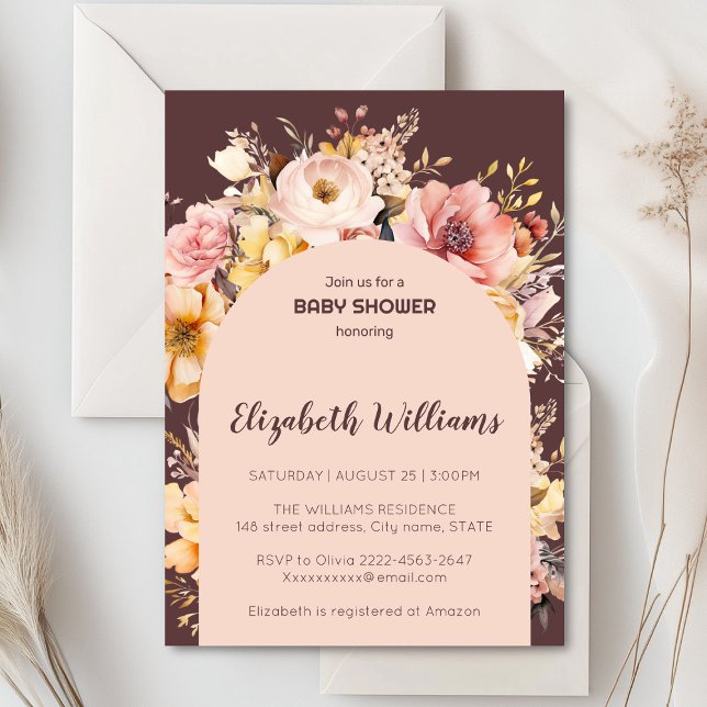 Convite Convidado de chá de fraldas de peonias rosa-pentea (Blush pink and peach peonies watercolor girl baby shower invitation )