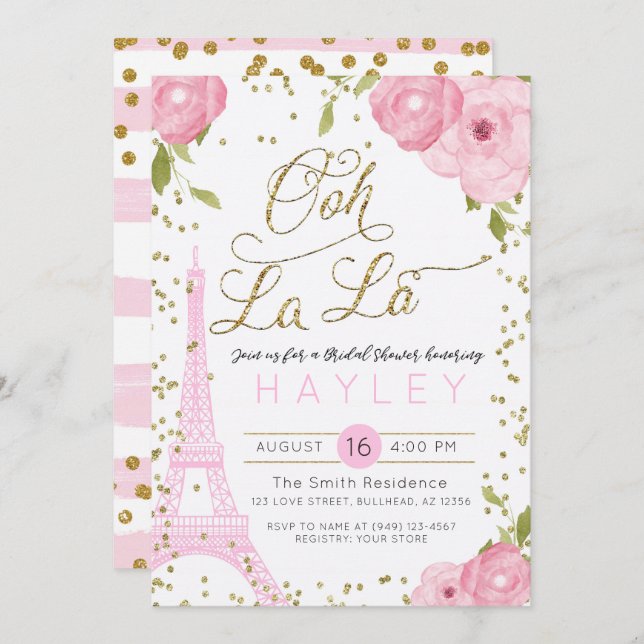 Convite Convidado de Chá de panela Dourado Rosa Eiffel Tor (Frente/Verso)