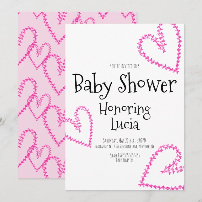 Convite Convidado de Chuva de Amor Bebe Corações Aquarela (Frente/Verso)