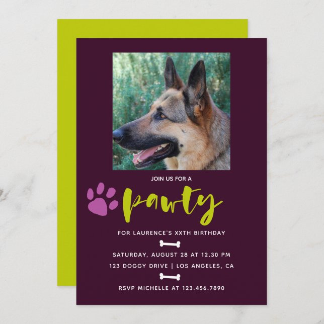 Convite Convidado de Festa de aniversário Trendy Dog ou Pu (Frente/Verso)