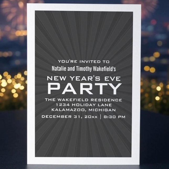 Convite Convidado de Festa de Ano Novo para Estrelas de ci (Gray Starburst Stripes New Years Party Invite)