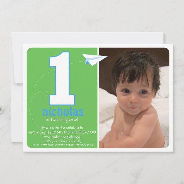 Convite Convidado de Fotos de Um Ano para Avião de Papel H (Frente)