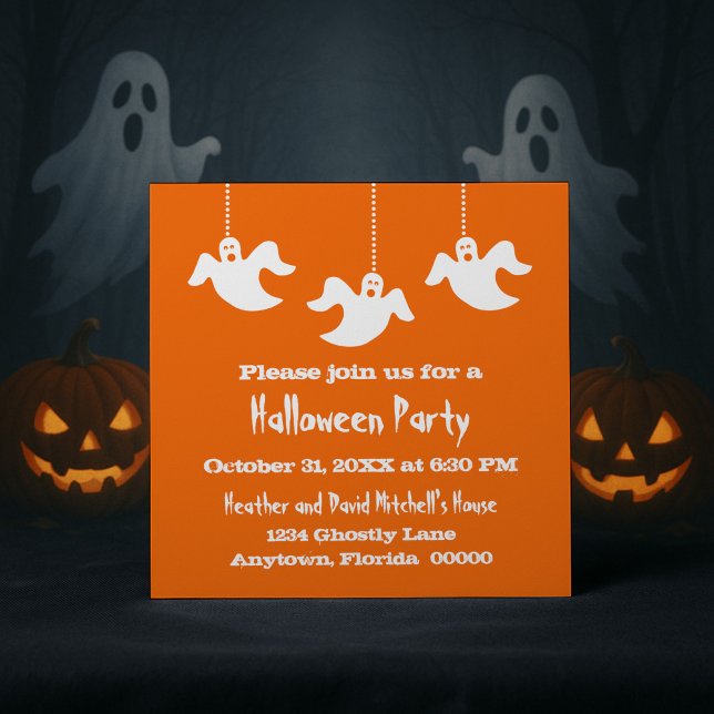 Convite Convidado de Halloween para Fantasmas Incríveis, L (Orange Hanging Ghosts Halloween Party Invitation)