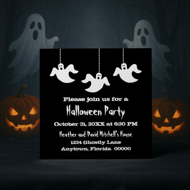Convite Convidado de Halloween para Fantasmas Incríveis, P (Black Hanging Ghosts Halloween Party Invitation)