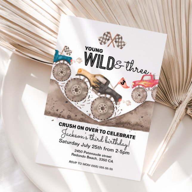 Convite Convidado de Monstro de Crianças de Três Anos de A (Young Wild and Three Monster truck invitation, third birthday)