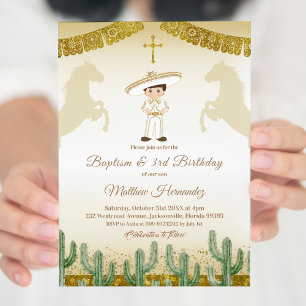 Convite Convidado de Natal e Batismo Dourado Fiesta Mexica