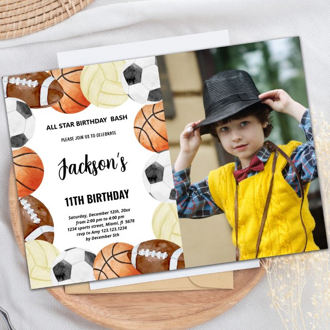 Convite Convidado de Todas as Estrelas para Crianças Perso (Sports Birthday Invitations with photo)