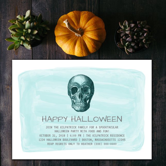 Convite Convidado do Festa de Halloween de Aqua Watercolor (Aqua Watercolor Skull Halloween Party Invite)