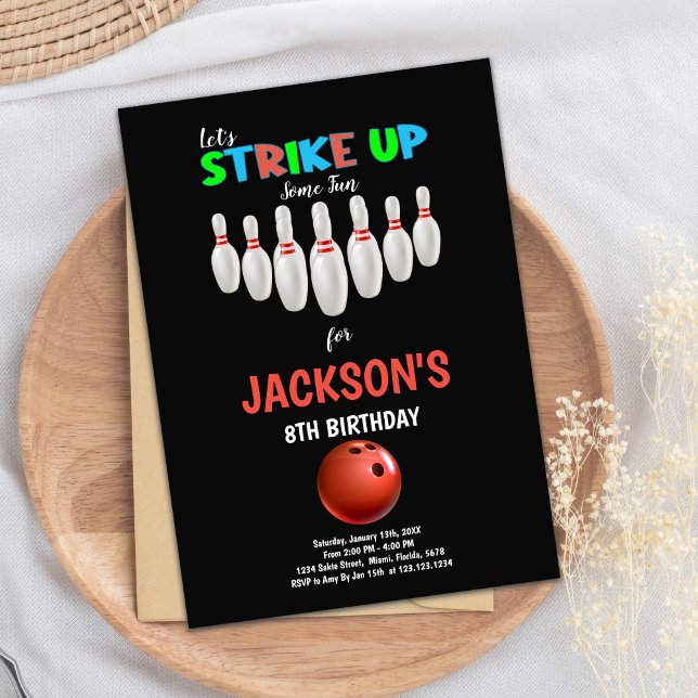 Convite Convidado do Grupo de Greve de Crianças Editáveis (Black Background Bowling Birthday Invitations)