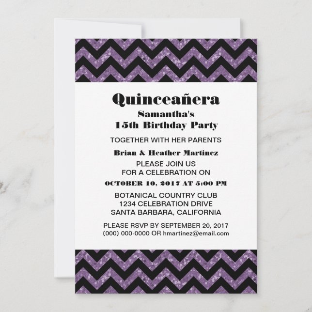 Convite Convidado do Partido Chevron Glitter Quinceañera (Frente)