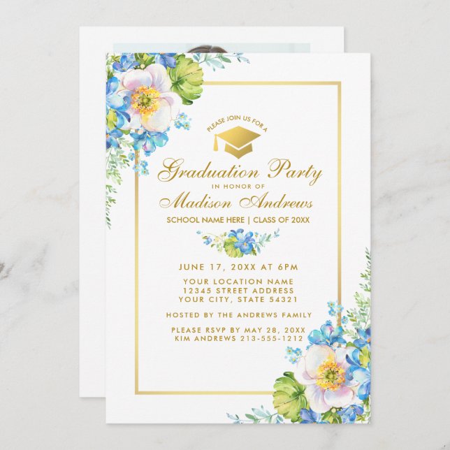 Convite Convidado do Partido do Formando Floral Azul Doura (Frente/Verso)