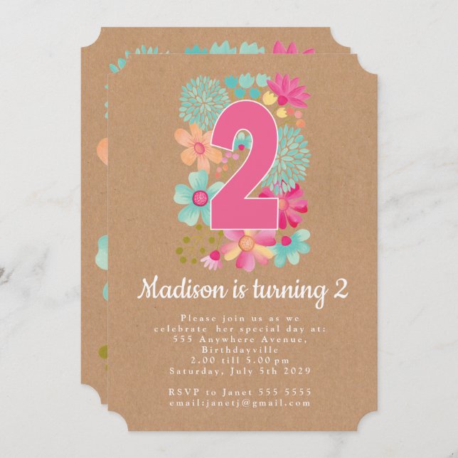 Convite Convidado do Partido do segundo aniversário Floral (Frente/Verso)