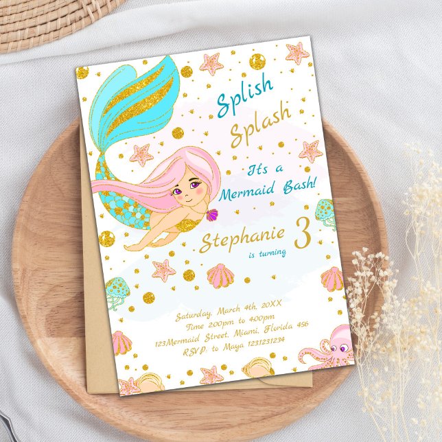 Convite Convidado do Partido Elegante Mágico sob o Mar (Golden Glitter Mermaid Birthday Invitations)