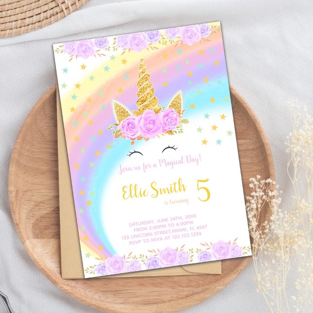 Convite Convidado do Partido Magia e Colorida (Floral Rainbow Unicorn Birthday Invitations)