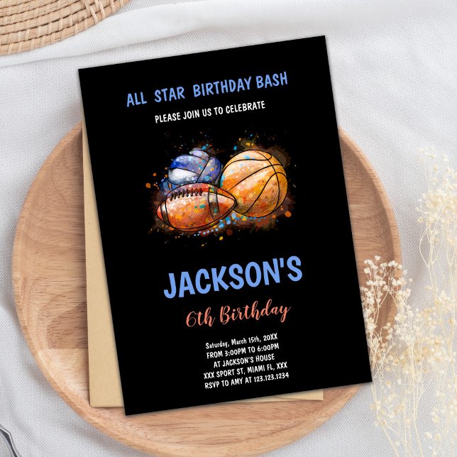 Convite Convidado do Partido Multi-Esporte para Meninos Ed (Paint Black Sports Birthday Invitations)