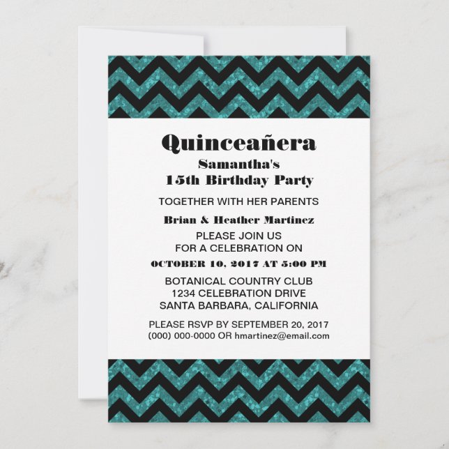 Convite Convidado do Partido Turquoise Chevron Glitter Qui (Frente)