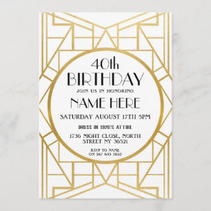 Convite Convidado Dourado Art Deco Birthday Gatsby de 1920