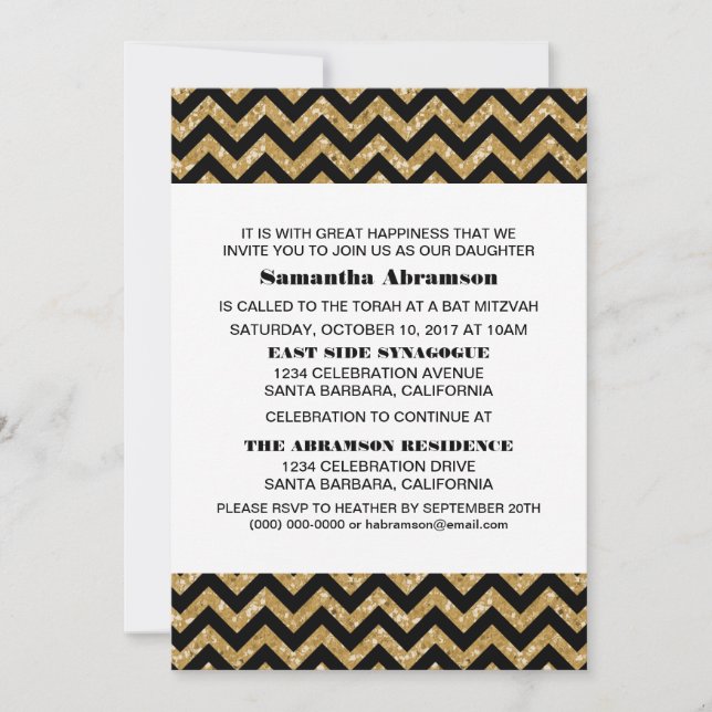 Convite Convidado Dourado Chevron Glitter Bat Mitzvah (Frente)