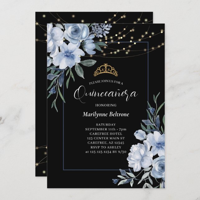 Convite Convidado Dusty Blue Floral Black Quinceañera (Frente/Verso)