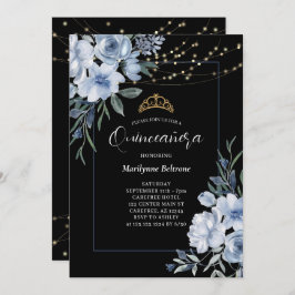 Convite Convidado Dusty Blue Floral Black Quinceañera