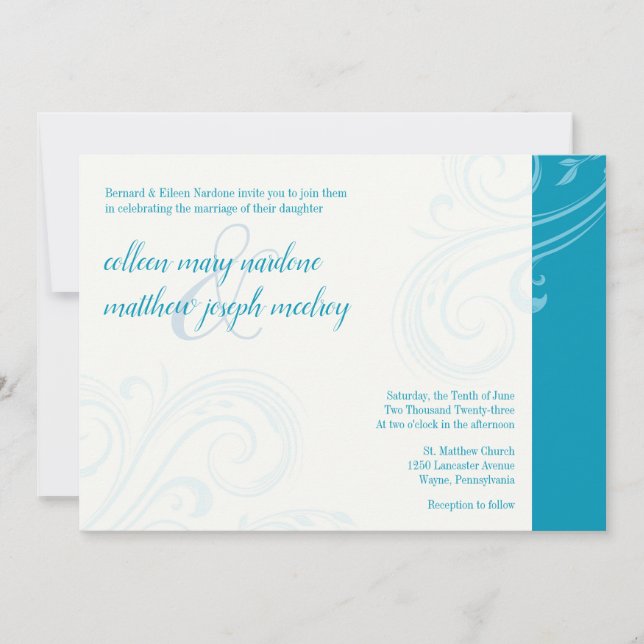 Convite Convidado Elegante Aqua, Caroline Wedding (Frente)
