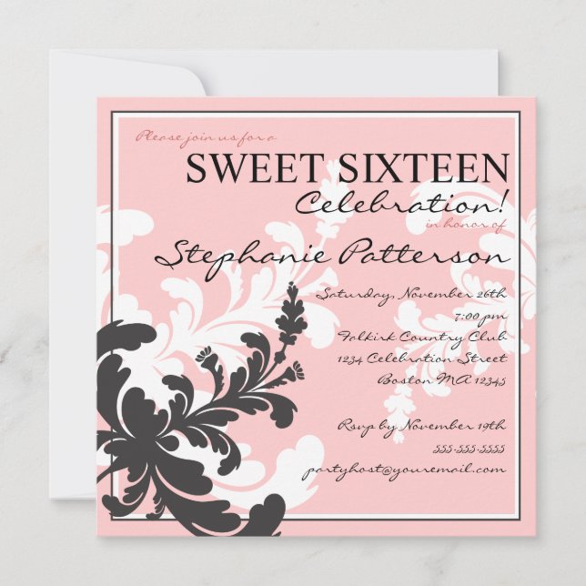Convite Convidado Elegante Damask Floral Sweet 16 (Frente)