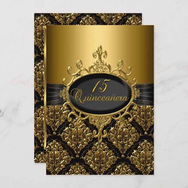 Convite Convidado Elegante Dourado Damask Quinceanera (Frente/Verso)