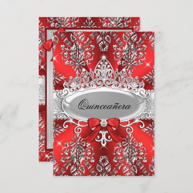 Convite Convidado Elegante Red Silver Tiara Damask Quincea (Frente/Verso)