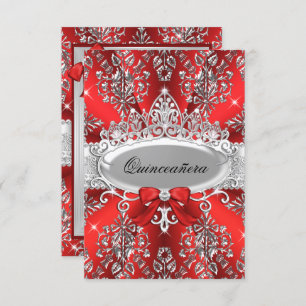 Convite Convidado Elegante Red Silver Tiara Damask Quincea