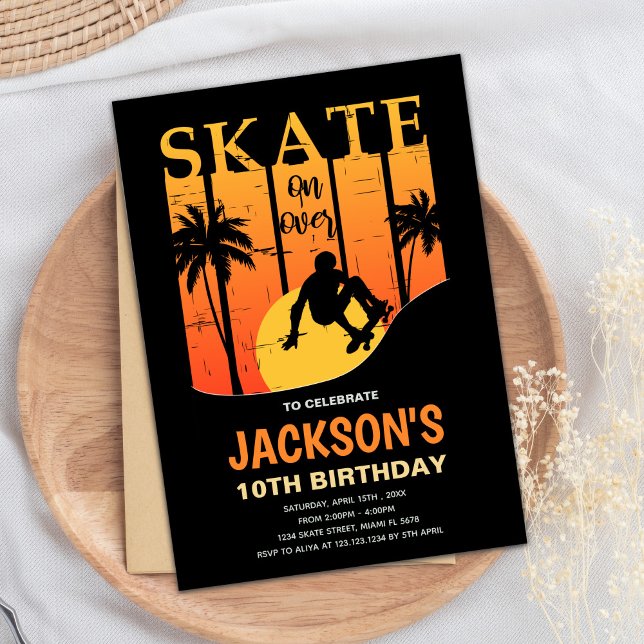 Convite Convidado Legal para Meninos (Orange Skateboard Birthday Invitations)