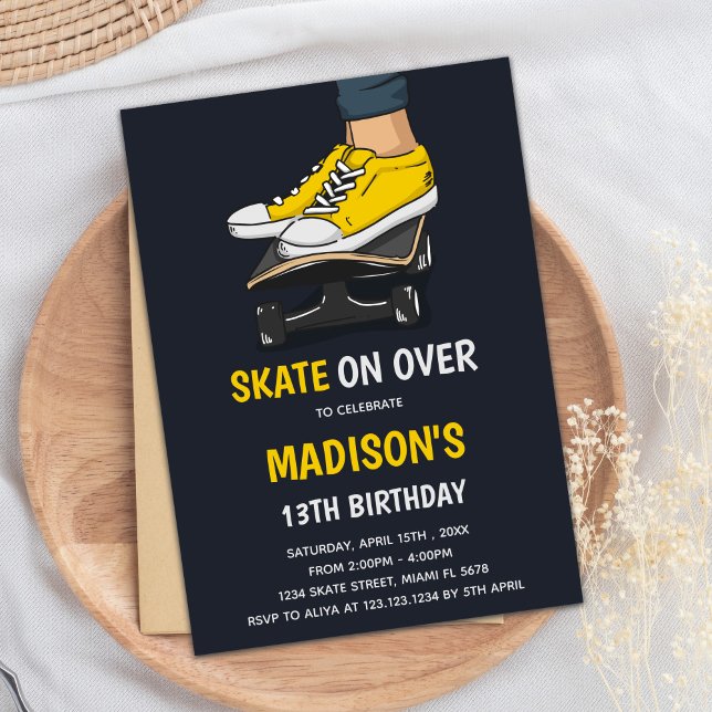 Convite Convidado Legal para Meninos (Yellow Skateboards Birthday Invitations)