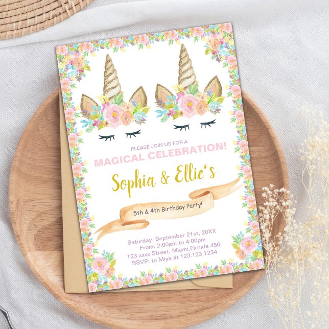Convite Convidado Mágico para Raparigas Gêmeas (Twin Floral Unicorn Birthday Invitations)