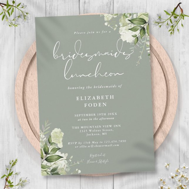 Convite Convidado para Almoço de Damas de Honra em Verde S (Sage Green Floral Bridesmaids Luncheon Invitation)