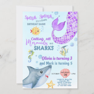 Convite Convidado para aniversário de sereia e tubarões.