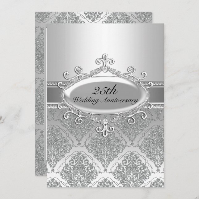 Convite Convidado para Casamento 25 de Silver Damask (Frente/Verso)