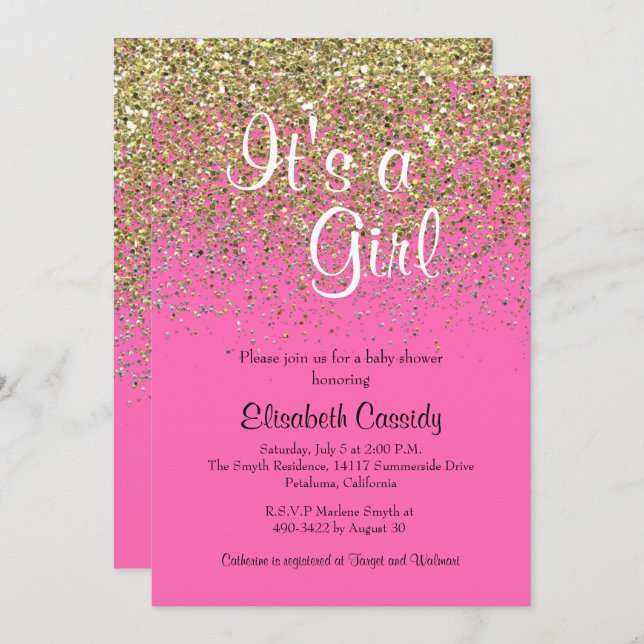 Convite Convidado para Chá de fraldas brilhante Dourado e  (Frente/Verso)