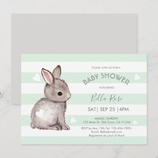 Convite Convidado para Chá de fraldas de Coração Coelho de (Frente/Verso)