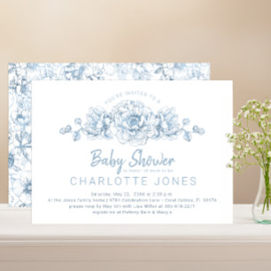 Convite Convidado para Chá de fraldas Floral Elegante Azul