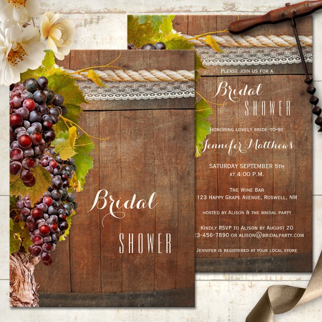 Convite Convidado para Chá de panela da Rússia (A wine themed bridal shower invitation featuring vines with grapes, rope and lace on rustic wood)