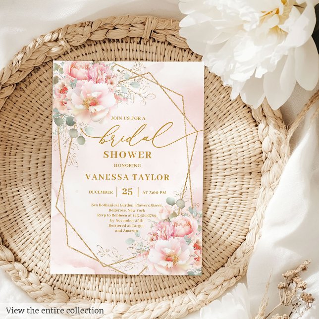 Convite Convidado para Chá de panela de Quadro Dourado do  (Elegant Boho Blush Gold Frame Bridal Shower Invitation)