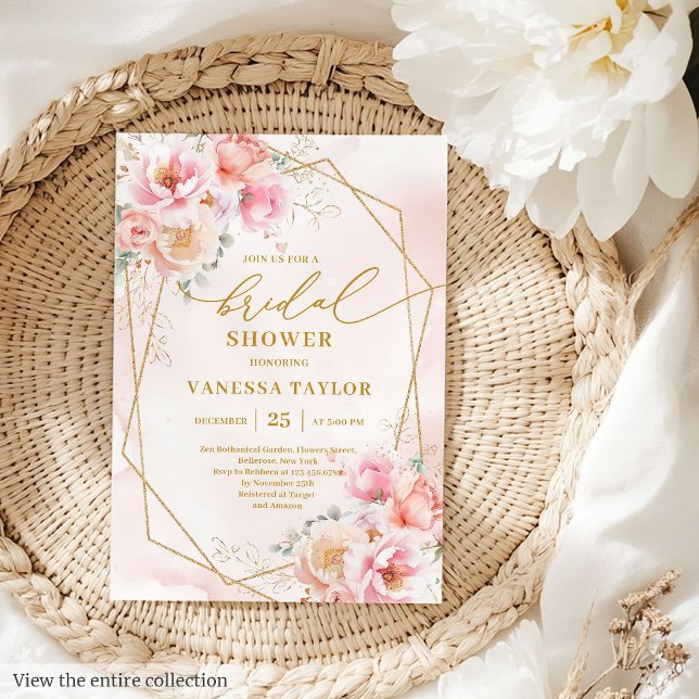 Convite Convidado para Chá de panela Floral Dourado Blush  (Luxury Boho Blush Gold Floral Bridal Shower Invitation)