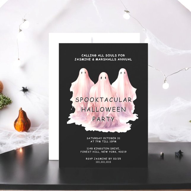 Convite Convidado para Festa de Festa de Halloween, um fan (fun three pink ghost halloween costume party invitation)