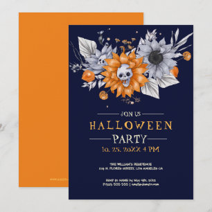 Convite Convidado para festa de Halloween de flores e crân