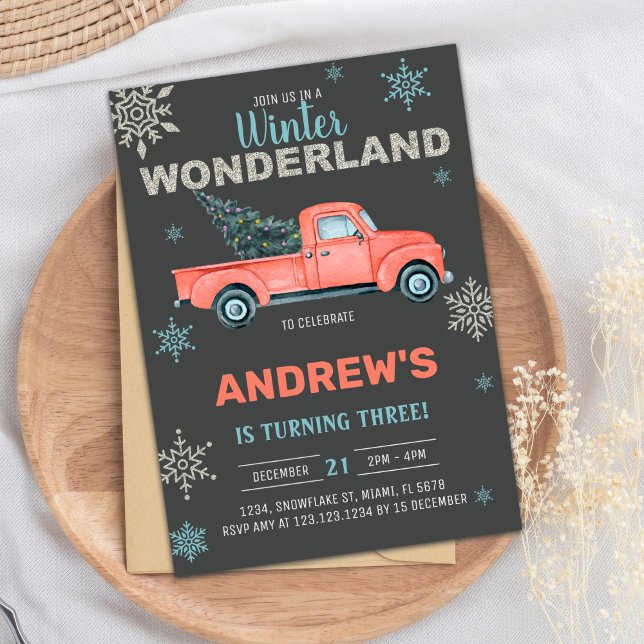 Convite Convidado para Festa de Natal Russo (Red Truck Winter Wonderland Invitations)