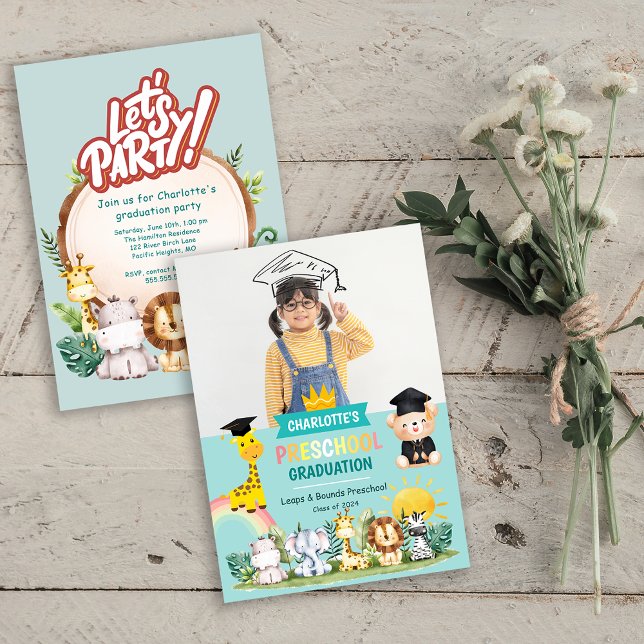 Convite Convidado para Festas de formatura pré-escolar par (Animal Kids Preschool Graduation Party Invite)