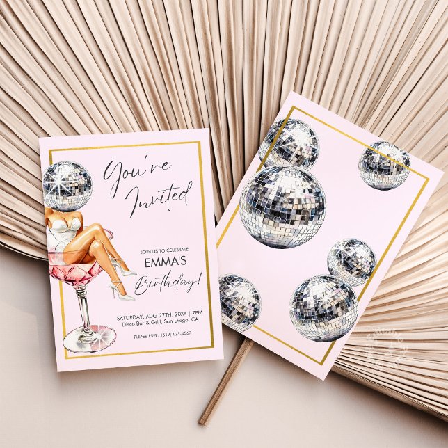 Convite Convidado para Garota Disco no Vidro Cocktail (Disco Girl in Cocktail Glass Birthday Invite)