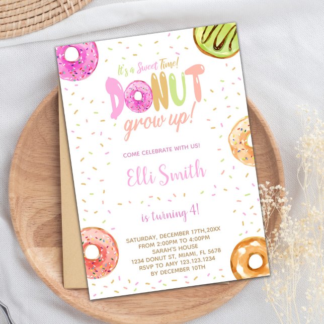 Convite Convidado para Meninas para Fizinhas Editáveis (Pastel Pink Donut Birthday Invitations)