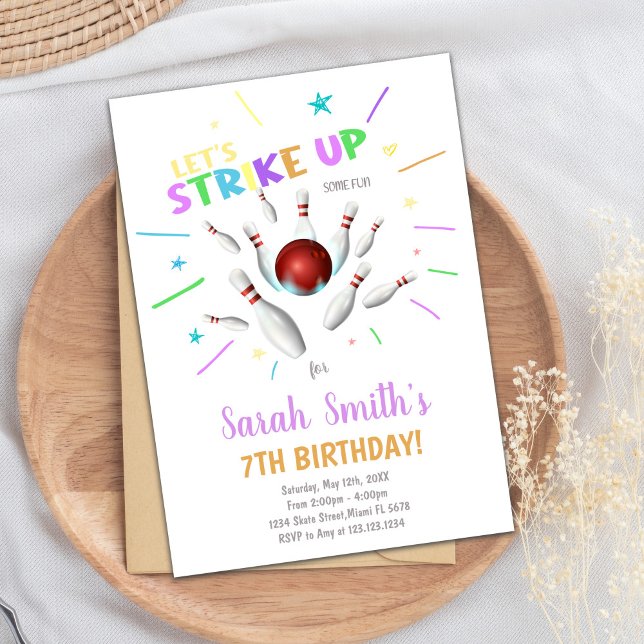 Convite Convidado para Meninos ou Raparigas em Greve Editá (White Bowling Birthday Invitations)